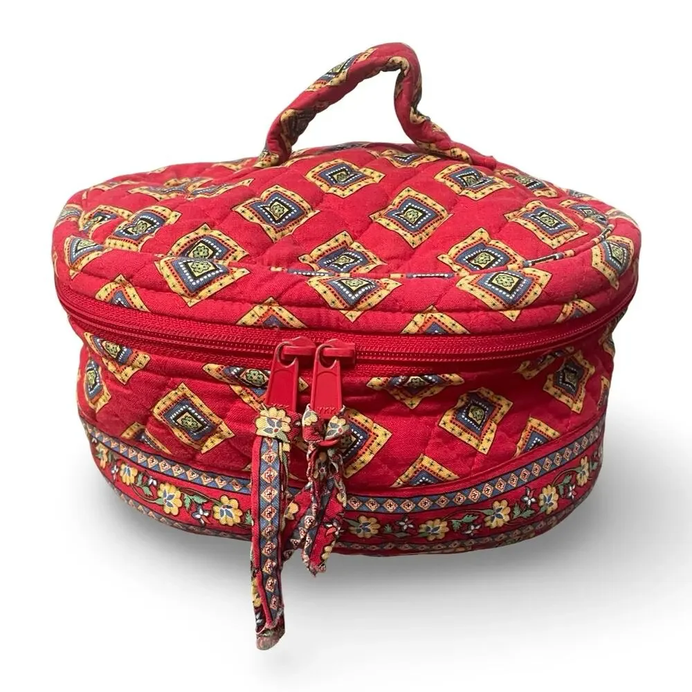 Vera Bradley Round Train Case Villa Red Quilted Cotton Makeup Cosmetic Bag VTG